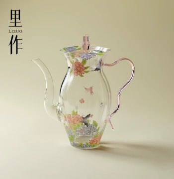 Lizuo Jinzu Hydrangea Exquisite Narcissus Teapot, Petal Pink Handle Brewing Pot, High Borosilicate Glass, Pure Handmade Tea Sharing Pot