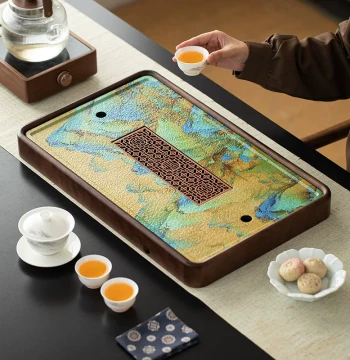 Ke Mu Tea Tray with Dual Storage and Drainage, Tea Set Tray, Thousand Miles of Rivers and Mountains Tea Sea, Dry Brewing Station, Home Solid Wood Tea Table