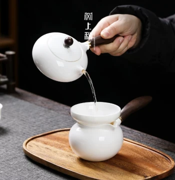 Mutton Fat Jade Porcelain Side-Handle Teapot with Wooden Handle - Handmade White Porcelain Kung Fu Tea Set, Minimalist Design for Home Brewing