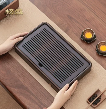 Bangsheng Ebony Wood Tea Tray, Chinese Style High-End Solid Wood Water-Storage Tea Table with Drainage for Tea Sets