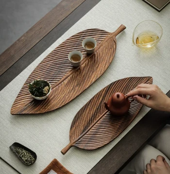 Walnut Wood Leaf Vein Dry Brewing Tea Tray Chinese Creative Solid Wood Pot Holder Kung Fu Tea Set Brewing Small Tea Table Tea Serving Tray