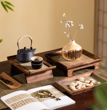 Japanese Style Solid Wood Tea Tray with Rattan Weaving, New Chinese Style Tray, Home Tea Cup Holder, Retro Wooden Tea Storage Tray