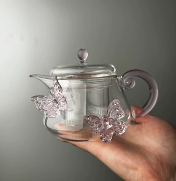 Creative Handmade Glass Teapot, Transparent Pink Butterfly Teapot Set with Decorative Handle, Kung Fu Tea Set