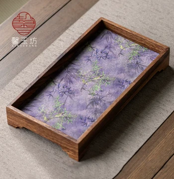 Xinyufang Walnut Wood Raised Dry Brew Tea Tray, Home Square Tea Stand with Retro Solid Wood Base and Fabric Mat