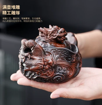 Jianshui Purple Pottery Teapot for Home Brewing, Fully Handmade Stacked Flying Dragon Handle Pot, Tea-Water Separation Kung Fu Tea Set