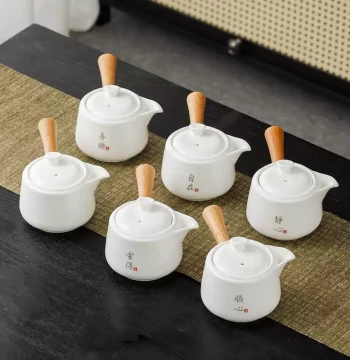 Mutton Fat Jade Side-Handle Pot Household Handmade White Porcelain Minimalist Ceramic Kung Fu Tea Set - Heat-Resistant Wooden Handle Tea Brewing Pot Set