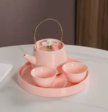 Hand-Sculpted Flower Handle Teapot, Minimalist Ceramic Afternoon Tea Kung Fu Set for Women, Modern Home Tea Set