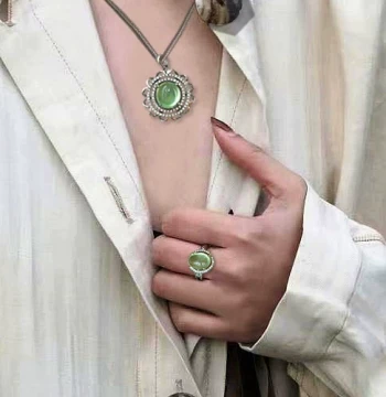 Natural Gemstone Jewelry Set Prehnite Ring Necklace Pendant S925 Gold Ring Charm Birthday Gift Boxed