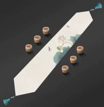 New Chinese Style Lotus Table Runner, Cotton-Linen Tea Mat, Waterproof Dry Brewing Tray, Minimalist Tea Table Cloth