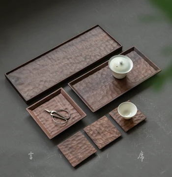 Black Walnut Wood Wave Pattern Dry Brew Small Tea Tray, Solid Wood Hammered Texture Fruit Platter, Whole Log Carved Zen Style Tea Pot Stand and Cup Coaster