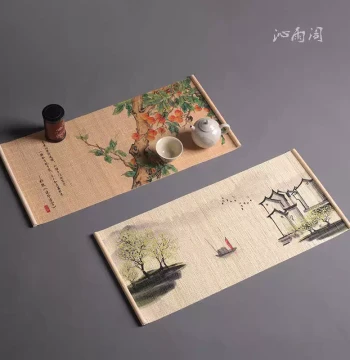 Song Dynasty Style Ancient Painting Bamboo Tea Mat, Heat-Insulating Cup Coaster, Tea Space Decor Table Runner, Zen Dry Brew Mat, New Chinese Style Host Mat