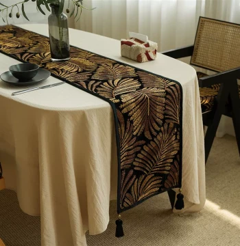 Black Background Luxury Gold Leaf Embroidery Table Runner - Atmospheric Decorative Tea Table Mat and Dining Table Cloth