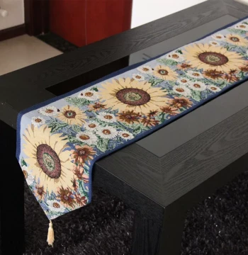 New Blue Mediterranean Cotton-Linen Tablecloth and Runner - Sunflower Pattern Decorative Cloth for Dining Tables, Hotels, Beds, and Tea Ceremonies