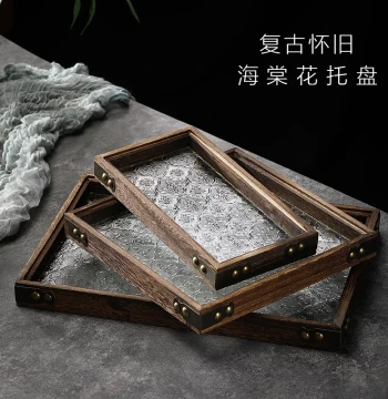 Vintage Begonia Glass Tray with Paulownia Wood Base for Home Use: Rectangular Tea Tray, Cup Organizer, Fruit & Snack Plate