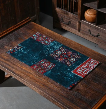 Blue and Red Tea Mat Table Runner Tablecloth Double-Sided Cotton Linen Chinese Retro Light Luxury Versatile Atmosphere Decoration