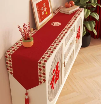 Wedding Table Runner - Red Festive Sideboard Decoration - Tea Mat Cover Cloth for Wedding Celebrations - Long 'Xi' Character Coffee Table Cloth