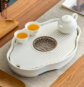 Minimalist Chinese Style Ceramic Tea Tray, Dry Brew Plate with Water Storage and Drainage Pipe, Convenient Home Tea Station