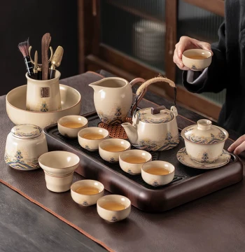 Beige Ru Kiln Kung Fu Tea Set, Home Guest Reception Ceramic Teapot, Teacups, and Tea Tray, Complete Office Tea Drinking Set