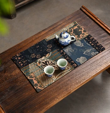 Ink-Wash Floral Tea Mat: Double-Sided Cotton-Linen, Vintage Chinese Style, Light Luxury Versatile Table Pad for Atmospheric Decor