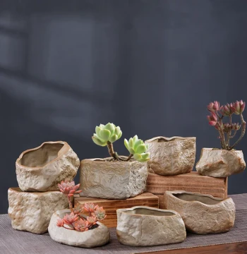 Small Rough Pottery Stone Succulent Ceramic Flower Pot, Retro Minimalist New Special Offer Set with Drainage Hole