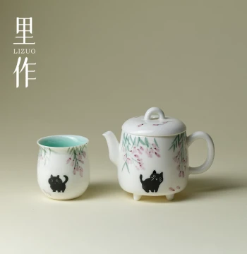 Lizuo Underglaze Hand-Painted Cute Cat Teapot and Teacup, Creative Home Pure Handmade Ceramic Brewing Pot, Gongfu Tea Set