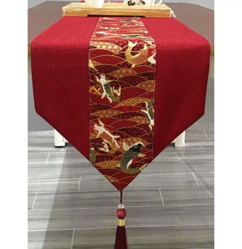 Retro Cotton-Linen Table Runner, Festive Red Fabric Tea Mat for Dining Table