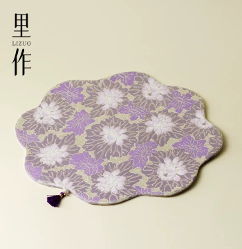 Lizuo Brocade Satin Handmade Double-Sided Tea Mat, Purple Tassel Decorated Dry Brewing Mat, Exquisite Tea Tablecloth for Tea Ceremony Accessories
