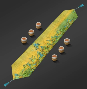 A Thousand Li of Rivers and Mountains Chinese Style Table Runner, Traditional Painting Tea Mat, Waterproof Dry Brew Platform Cloth