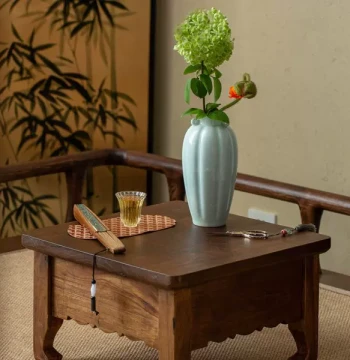 Sansheng Yingqing Three-Eared Flower Vase, Chinese Style Floral Arrangement Ceramic Zen Tea Mat Home Decor Ornament, Antique Finish