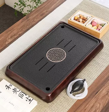Solid Wood Tea Tray with Integrated Water Collection Base, Dual-Use Storage and Drainage, Wujin Stone Surface Tea Set Tray, New Chinese Style Tea Table