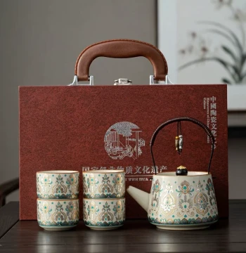 [Gold and Silver Inlay] Ru Kiln Lift-Handle Teapot Handmade Kung Fu Tea Set One Pot Four Cups Set Portable Teapot Teacup Gift Box
