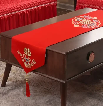 Wedding Chinese Style Table Runner, Red Double Happiness Cloth for Engagement and Tea Ceremony, Festive Table Decoration for Weddings