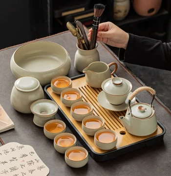 Ru Kiln Tea Set Teapot and Teacups Lightweight Luxury Premium Kung Fu Gaiwan Ceramic Home Office Guest Brewing Tea Tray