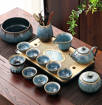 Yao Bian Kung Fu Tea Set - Premium Luxury Ceramic Teapot, Gaiwan, Cups & Small Tea Tray for Home & Office (Complete Set)