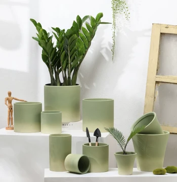 Nordic Gradient Olive Green Ceramic Bisque Flower Pot with Drainage Hole and Tray Water-Absorbing Breathable Greenery Flowers Snake Plant