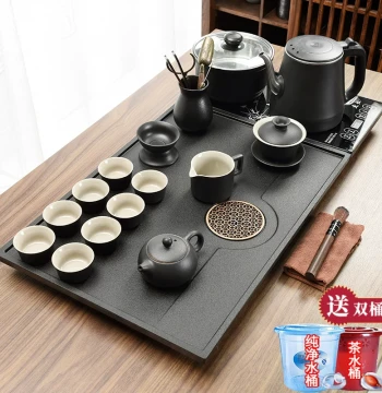 Black Porcelain Stone Tea Tray Complete Kung Fu Tea Set, Minimalist Home Living Room Office Tea Table with Automatic Electric Kettle