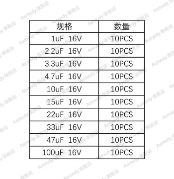 Tantalum Capacitor Assortment Kit: 10 Specifications from 1uF 16V to 100uF 16V, 10 Pieces Each, Total 100 Pieces
