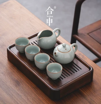 Light Luxury Ru Kiln Tea Set Home Tea Brewing Jingdezhen Ceramic One Pot Four Cups Kung Fu Teapot Tea Tray Complete Set