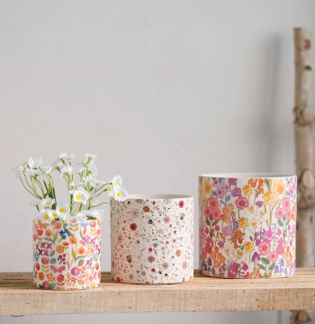 Cute Nordic Floral Print Ceramic Flower Pot Round Breathable Clay Pot with Holes for Succulents and Phalaenopsis