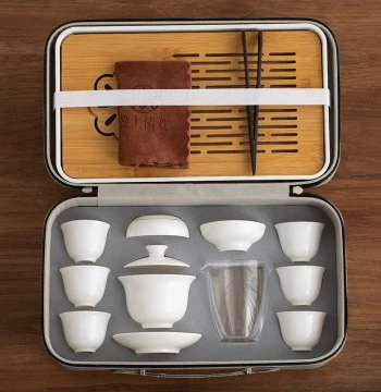 Mutton Fat Jade Travel Kung Fu Tea Set, Home Ceramic Gaiwan and Teacup Complete Portable Lightweight Dehua White Porcelain Set