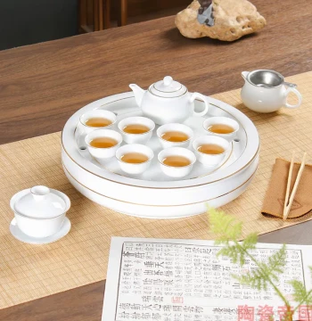 Light Luxury Gold-Rimmed Ceramic Tea Set, Kung Fu Tea Tray, Gaiwan, Teapot, Teacups, Complete New Chinese Style for Home Use