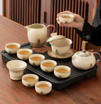 Seawater Cliff Ru Kiln Kung Fu Tea Set, Complete Home and Office Ceramic Gaiwan, Teapot, and Teacup Set