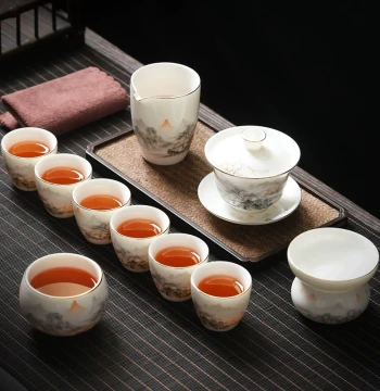 Tea Set Kung Fu Teacup Brewing Gaiwan Cup Blue and White High-End Teapot Dehua Office Home White Porcelain