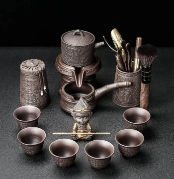 Purple Clay Heat-Resistant Automatic Tea Set, Minimalist Stone Mill Lazy Brewer for Home and Office Guest Use