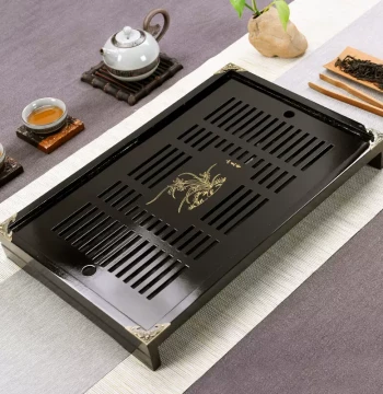 Jisu Juyu Small Wooden Tea Tray with Water Collection and Drainage System, Storage Tea Tray 2 Black Small Lan