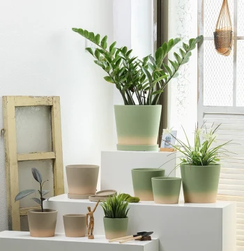 Unglazed Natural Terracotta Breathable Ceramic Pot with Gradient Olive Green to Mocha Finish, Multiple Sizes with Drainage Hole for Orchids and Roses