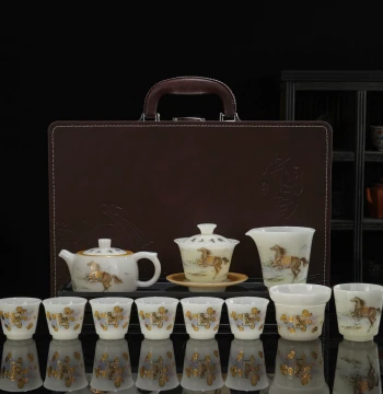 Puyu Porcelain Year of the Horse Teapot Kung Fu Tea Set, Complete Ice-Glazed Ceramic Teacups and Gaiwan, Premium Gift Box