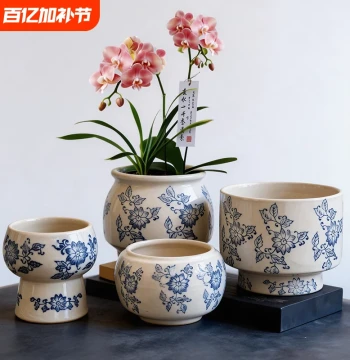 Ceramic Flower Pot with Saucer, Chinese Classical Blue and White Porcelain Pattern, Retro Butterfly Orchid Planter for Home Desktop, Premium Look
