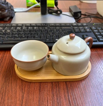 Beige Ru Kiln One-Pot-One-Cup Set with Saucer, Leisure Mini Tea Set for Office or Home, Kung Fu Teaware for Solo Drinking