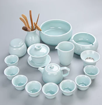 Complete Home Kung Fu Tea Set, Simple Celadon Ceramic Teacups, Gaiwan, and Teapot